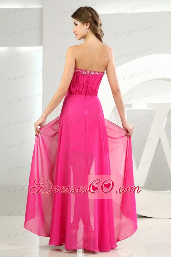 High Slit Empire Chiffon Beading Long Prom Dress Hot Pink