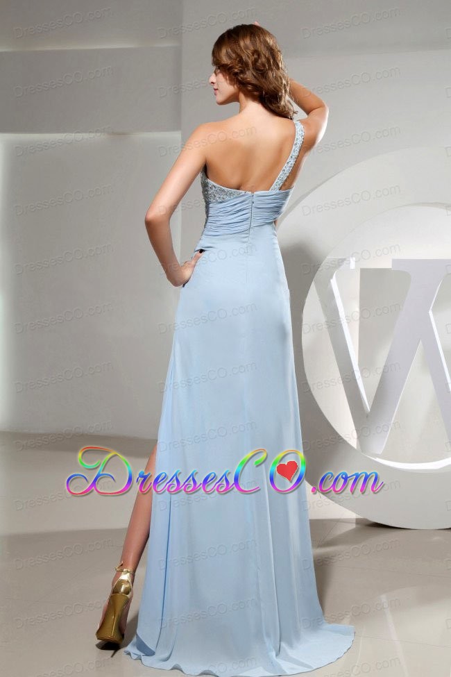 Light Blue One Shoulder and High Slit Prom Dress With Beading