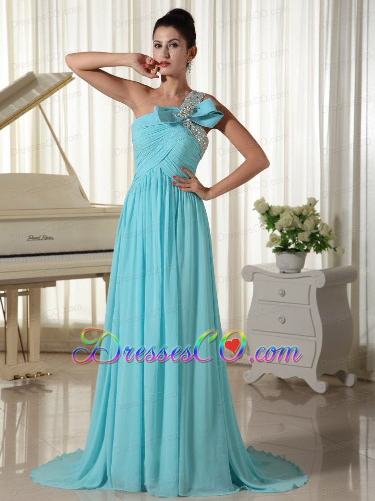 Beaded Decorate One Shoulder With Ruched Bodice Inexpensive Prom Dress