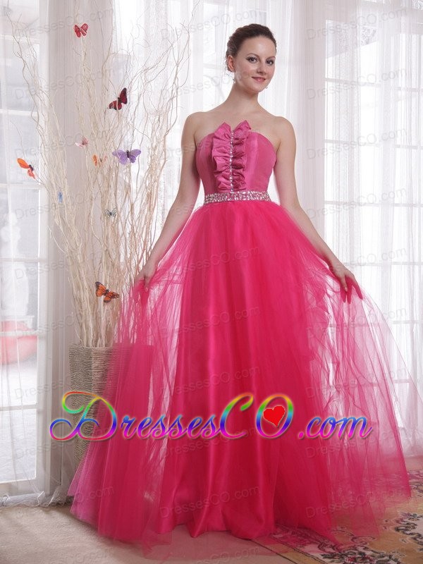 Hot Pink A-line/princess Strapless Long Tulle Beading Prom Dress