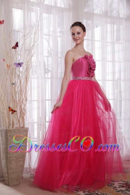 Hot Pink A-line/princess Strapless Long Tulle Beading Prom Dress