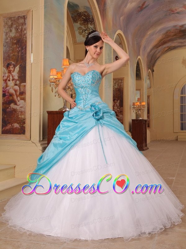 Aqua Blue And White A-line / Princess Long Beading Tulle And Taffeta Quinceanera Dress