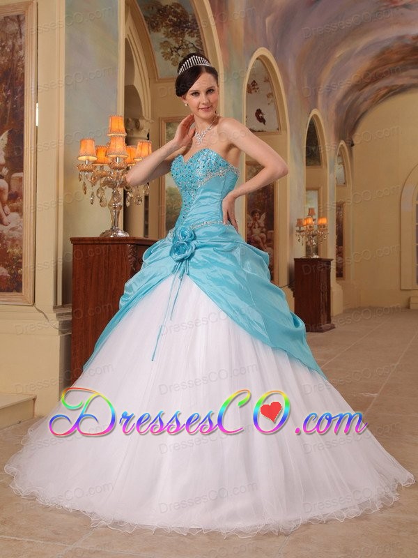 Aqua Blue And White A-line / Princess Long Beading Tulle And Taffeta Quinceanera Dress