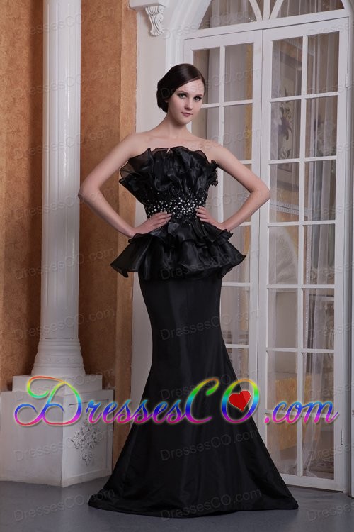 Modern Black Mermaid Strapless Evening Dress Elastic Woven Satin Beading Brush Train