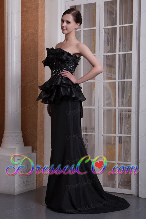 Modern Black Mermaid Strapless Evening Dress Elastic Woven Satin Beading Brush Train