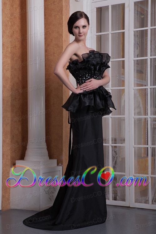 Modern Black Mermaid Strapless Evening Dress Elastic Woven Satin Beading Brush Train