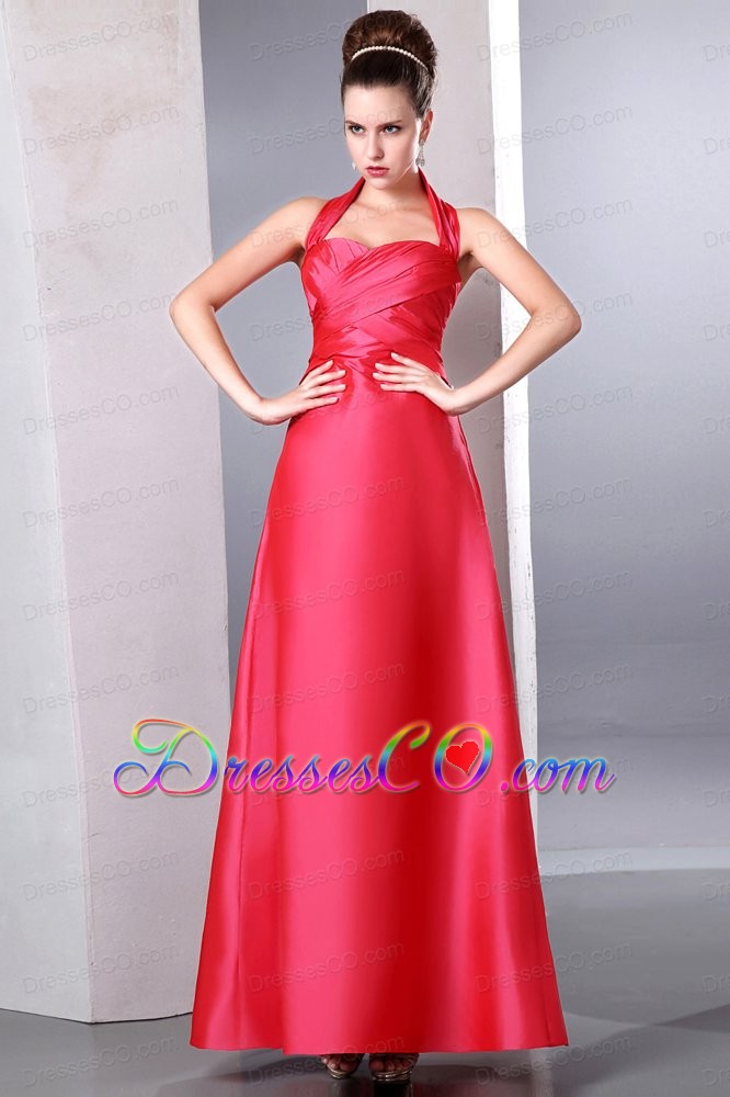 Coral Red Column Halter Ruche Bridesmaid Dress Ankle-length Taffeta