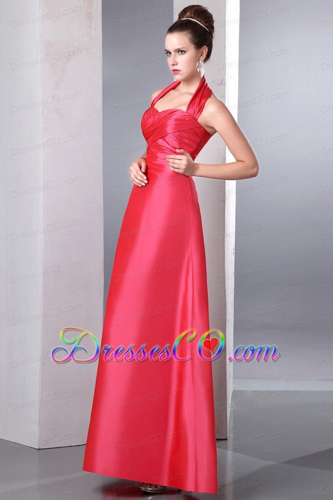 Coral Red Column Halter Ruche Bridesmaid Dress Ankle-length Taffeta