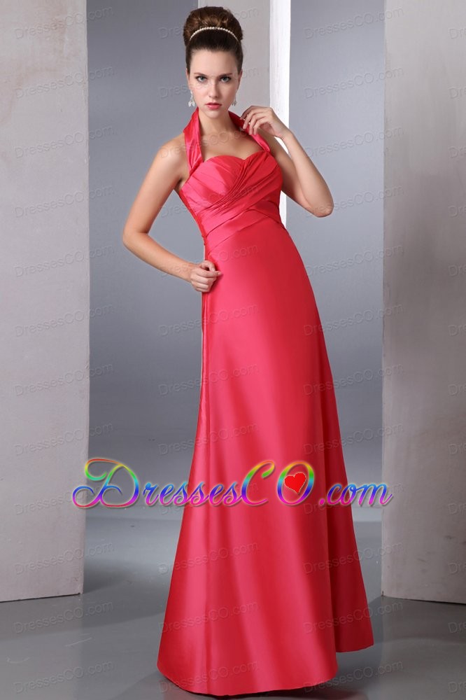 Coral Red Column Halter Ruche Bridesmaid Dress Ankle-length Taffeta