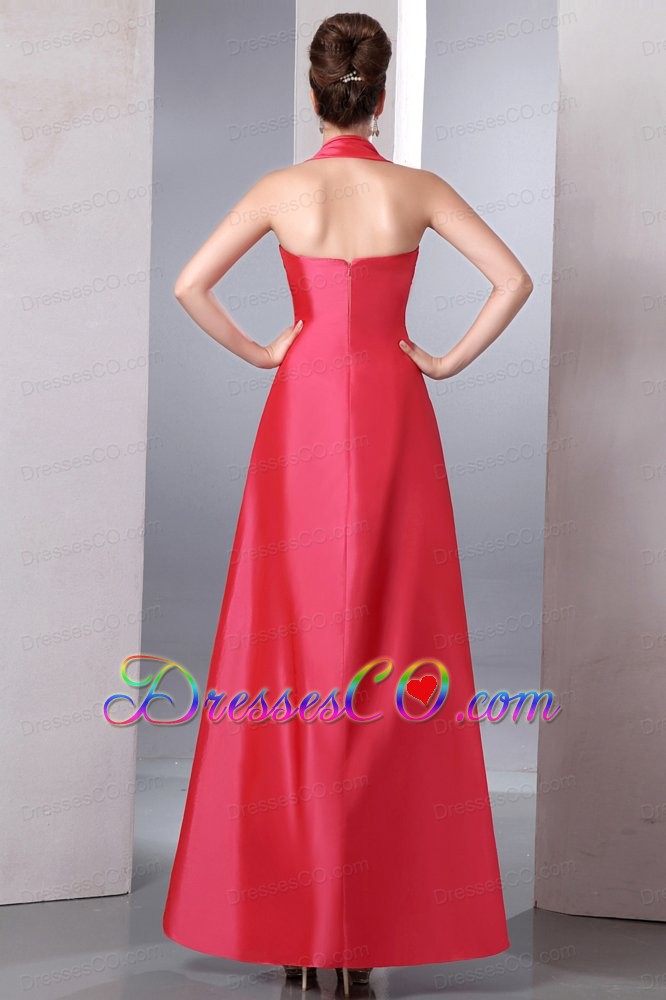 Coral Red Column Halter Ruche Bridesmaid Dress Ankle-length Taffeta