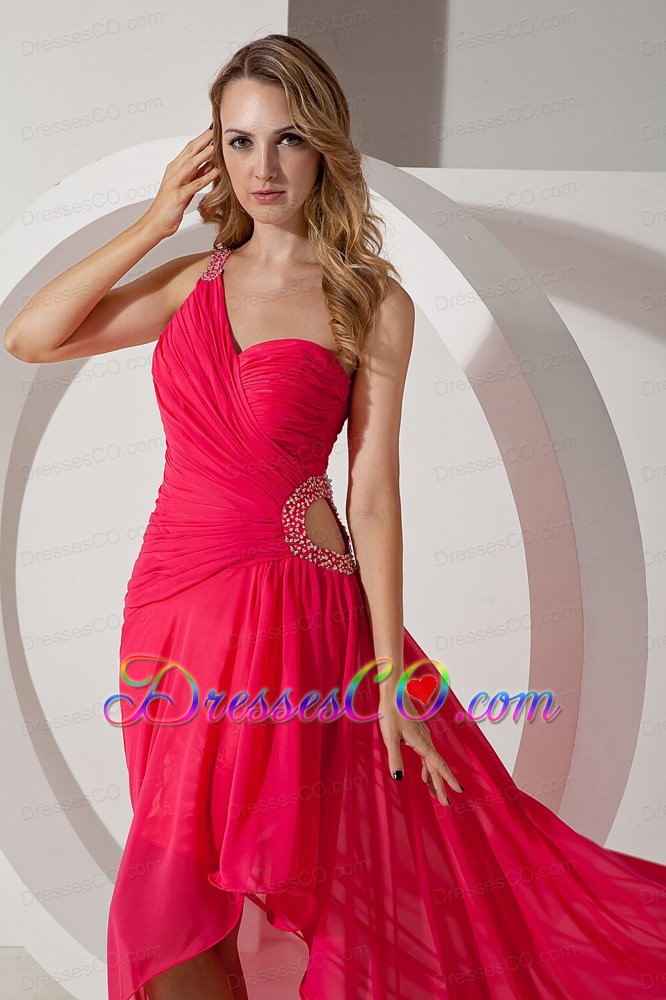 Hot Pink One Shoulder High-low Prom Dress Chiffon Beading