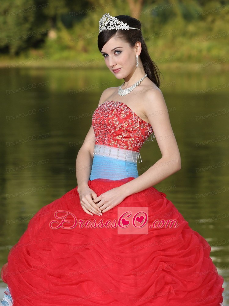 Tulle Strapless Red Quinceanera Dress For Girl With Flower Beaded Decorate