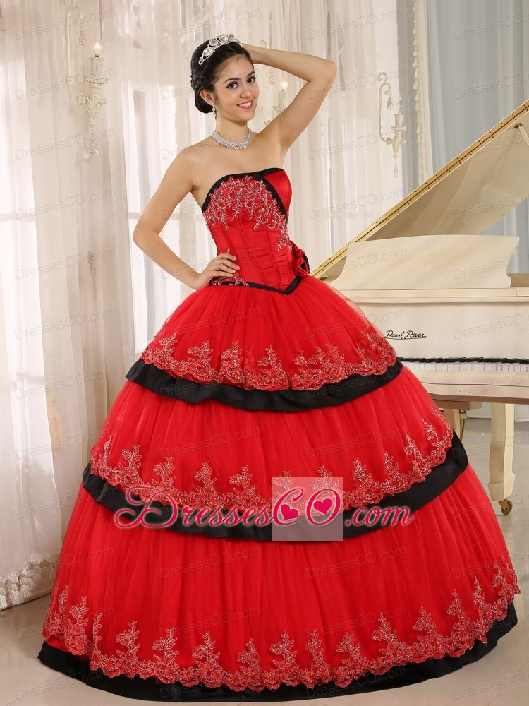 Red Hand Made Flowers Custom Made For Quinceanera Dress