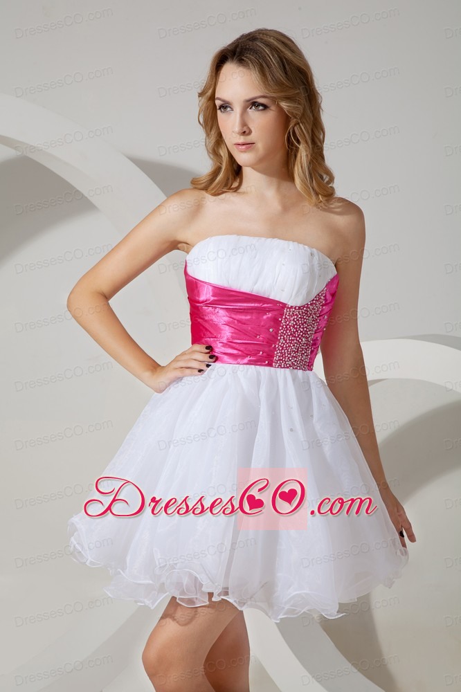 White A-line / Princess Strapless Cocktail Dress Beading Organza Mini-length