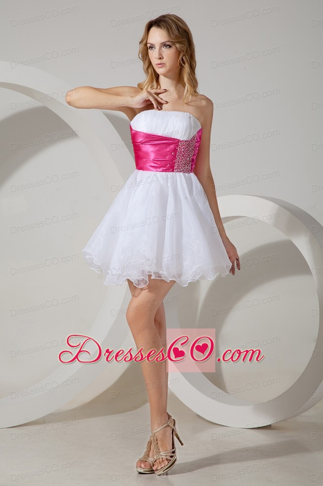 White A-line / Princess Strapless Cocktail Dress Beading Organza Mini-length