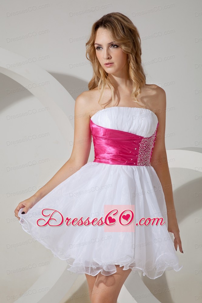 White A-line / Princess Strapless Cocktail Dress Beading Organza Mini-length