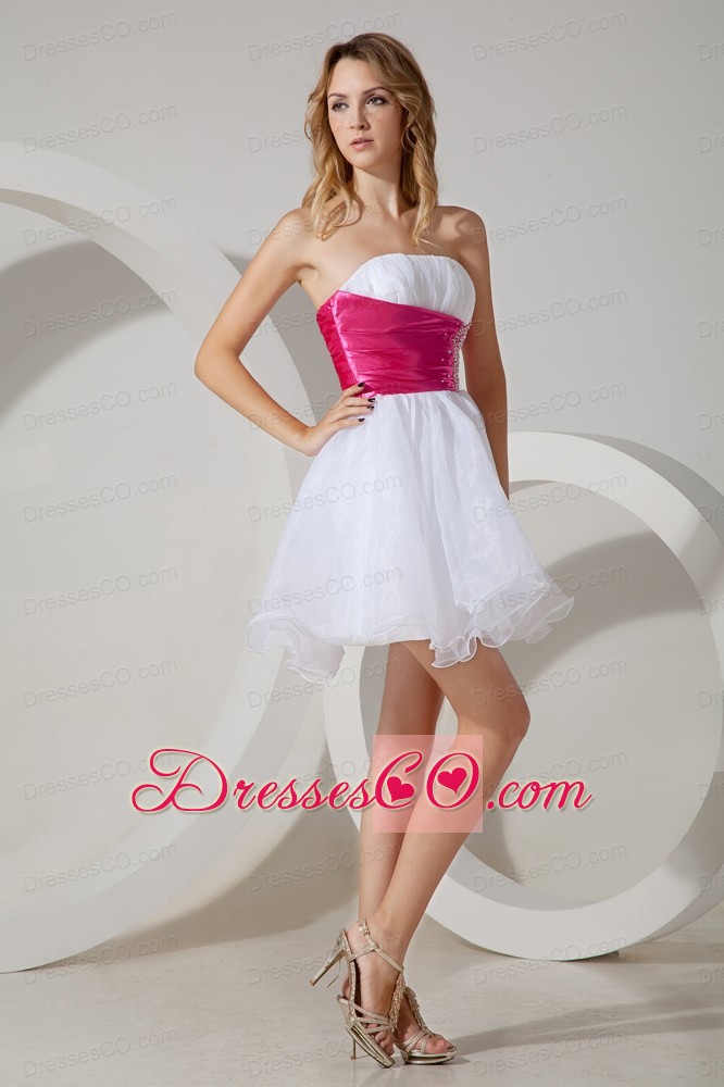 White A-line / Princess Strapless Cocktail Dress Beading Organza Mini-length