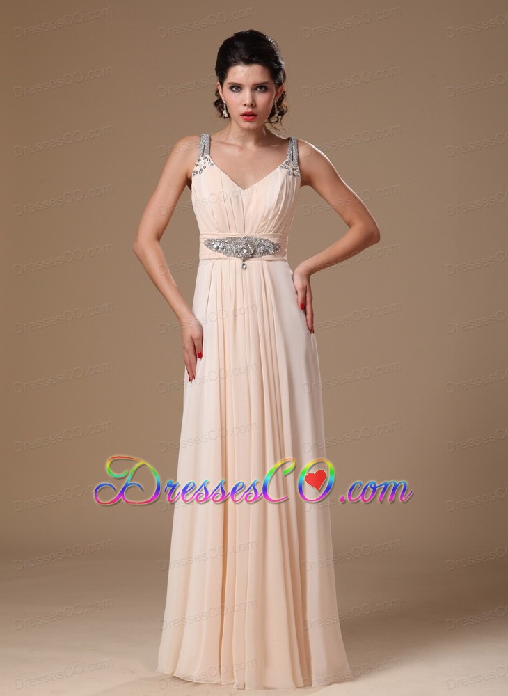 Champagne Chiffon V-neck Empire Beaded Decorate Shoulder Custom Made Prom Gowns In 2013