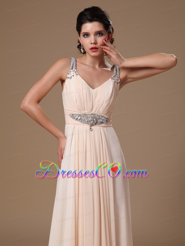 Champagne Chiffon V-neck Empire Beaded Decorate Shoulder Custom Made Prom Gowns In 2013