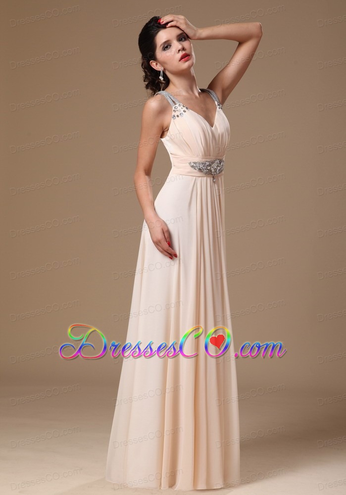 Champagne Chiffon V-neck Empire Beaded Decorate Shoulder Custom Made Prom Gowns In 2013