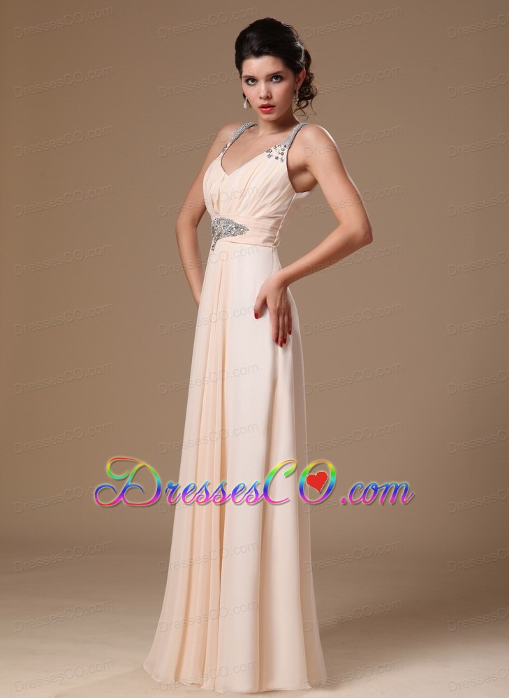 Champagne Chiffon V-neck Empire Beaded Decorate Shoulder Custom Made Prom Gowns In 2013