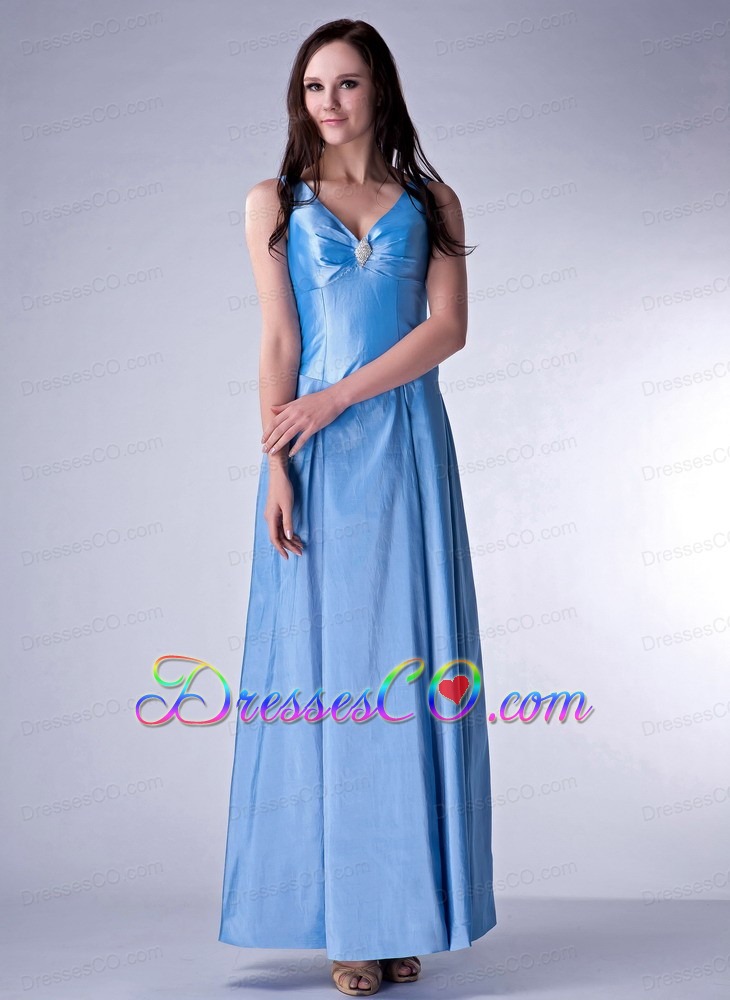 Custom Made Baby Blue Cloumn V-neck Prom Dress Taffeta Beading Ankle-length