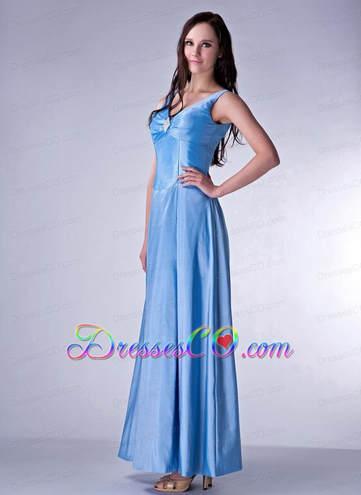 Custom Made Baby Blue Cloumn V-neck Prom Dress Taffeta Beading Ankle-length