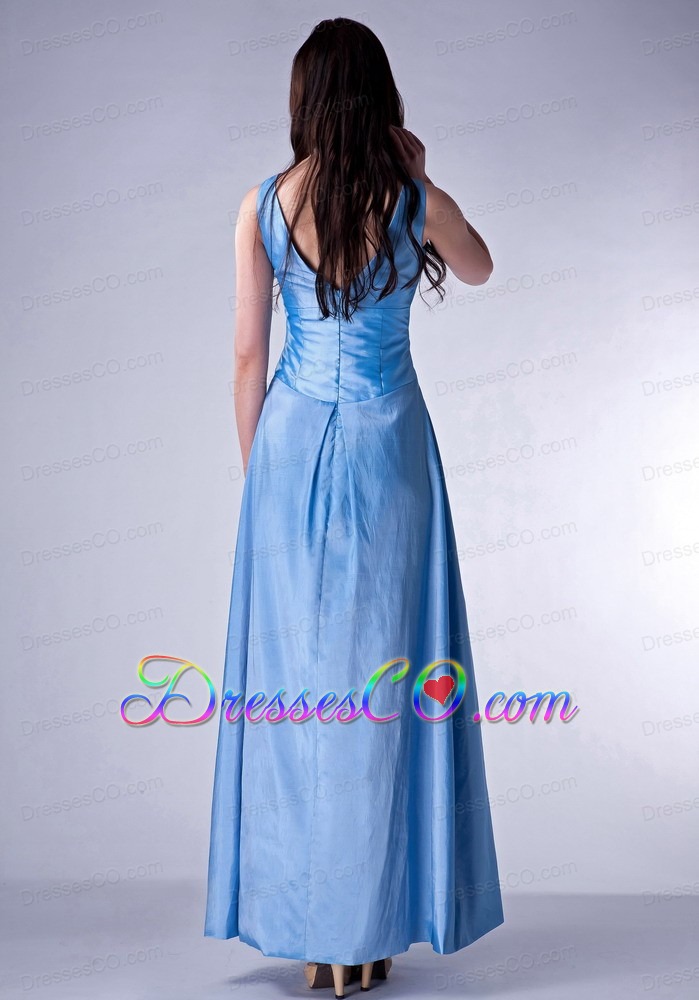 Custom Made Baby Blue Cloumn V-neck Prom Dress Taffeta Beading Ankle-length