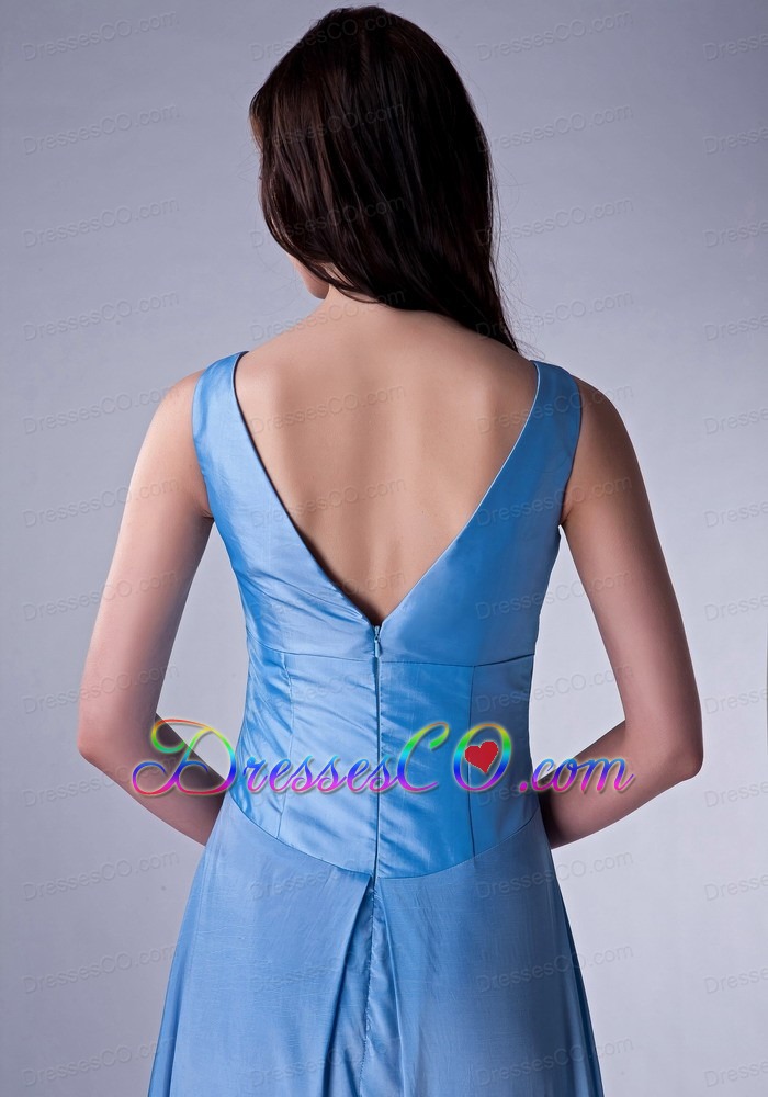 Custom Made Baby Blue Cloumn V-neck Prom Dress Taffeta Beading Ankle-length