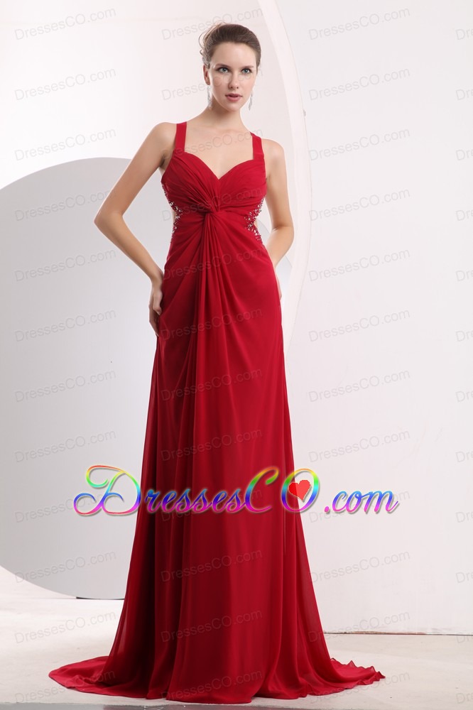 Sexy Wine Red Empire Straps Prom / Evening Dress Brush Train Chiffon Beading