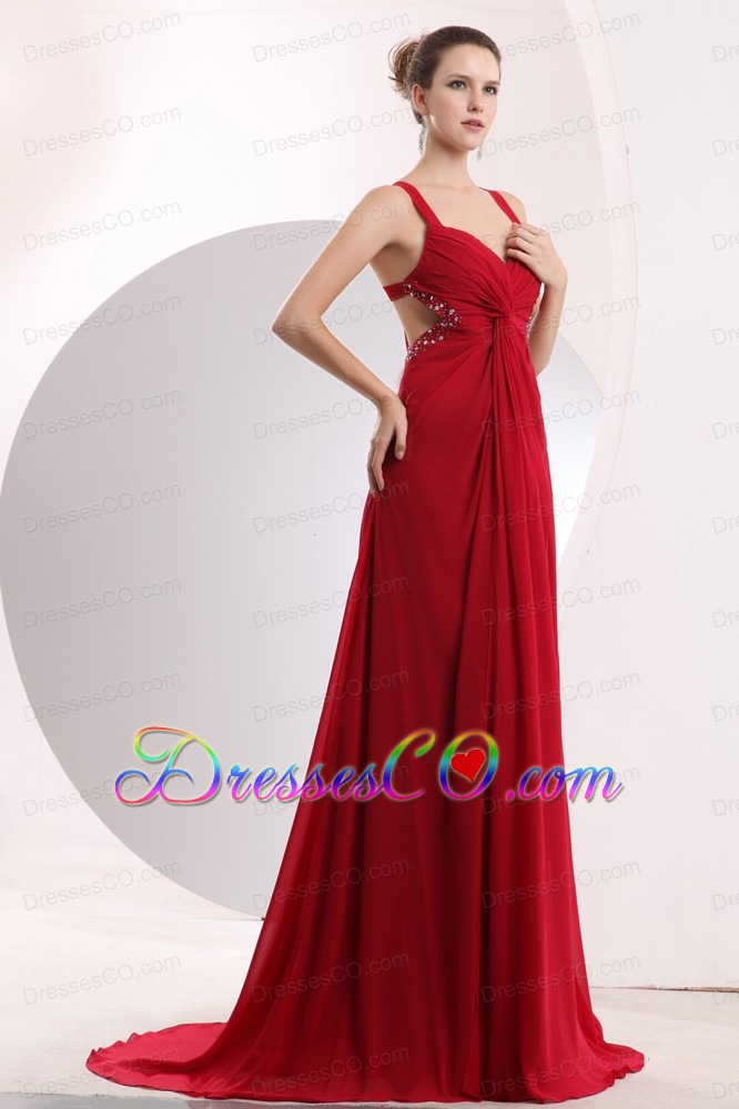 Sexy Wine Red Empire Straps Prom / Evening Dress Brush Train Chiffon Beading