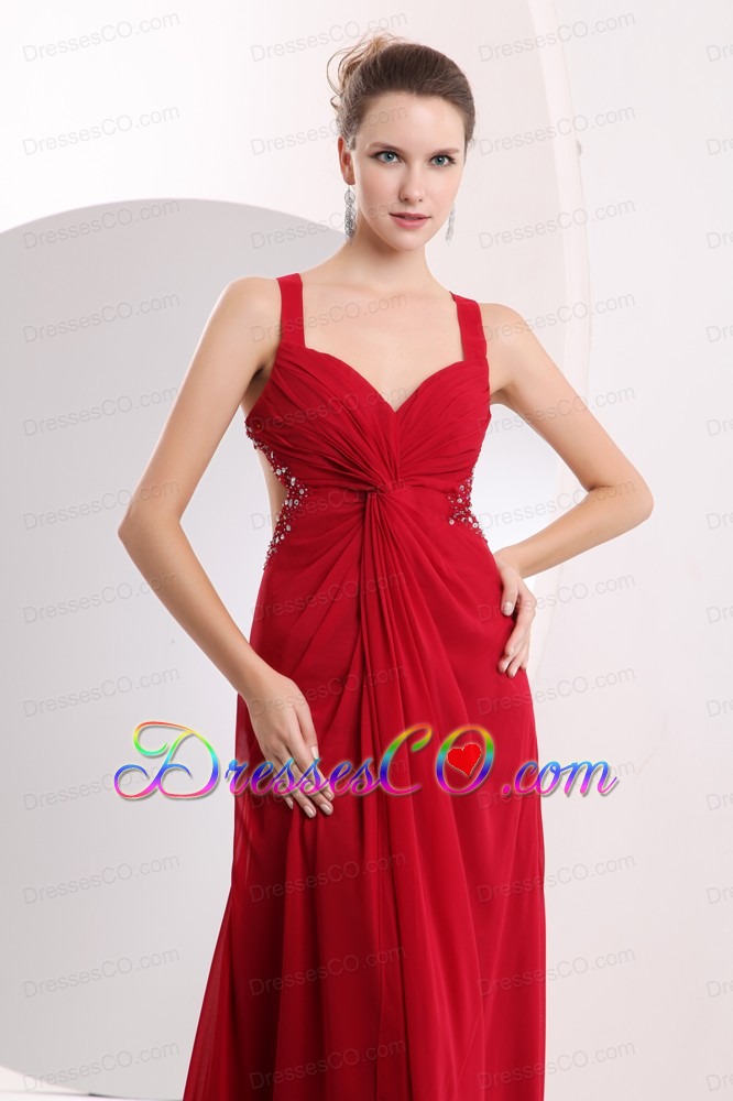 Sexy Wine Red Empire Straps Prom / Evening Dress Brush Train Chiffon Beading