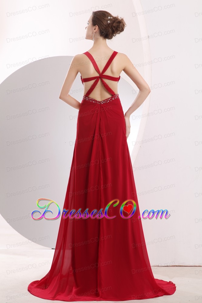 Sexy Wine Red Empire Straps Prom / Evening Dress Brush Train Chiffon Beading