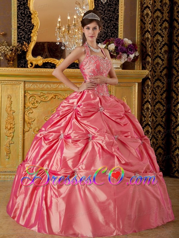 Watermelon Ball Gown Halter Long Taffteta Appliques Quinceanera Dress