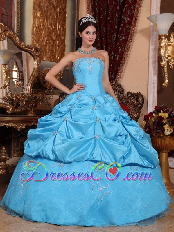 Teal Ball Gown Strapless Long Taffeta And Organza Beading Quinceanera Dress