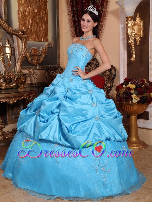 Teal Ball Gown Strapless Long Taffeta And Organza Beading Quinceanera Dress