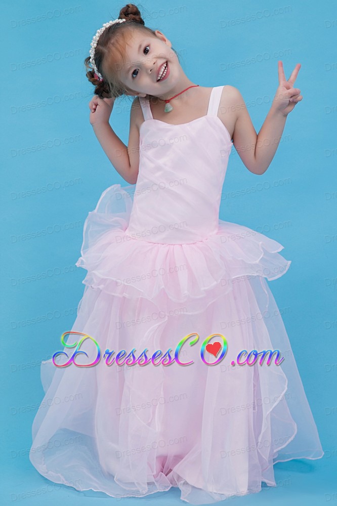 Baby Pink A-line Straps Long Organza Flower Girl Dress