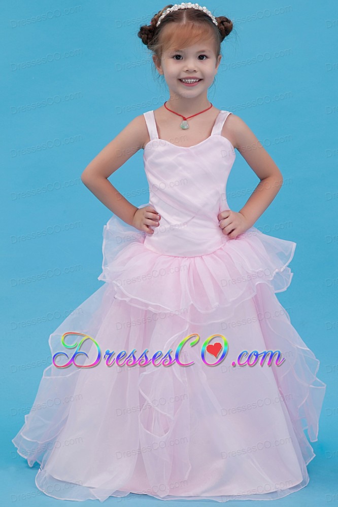 Baby Pink A-line Straps Long Organza Flower Girl Dress