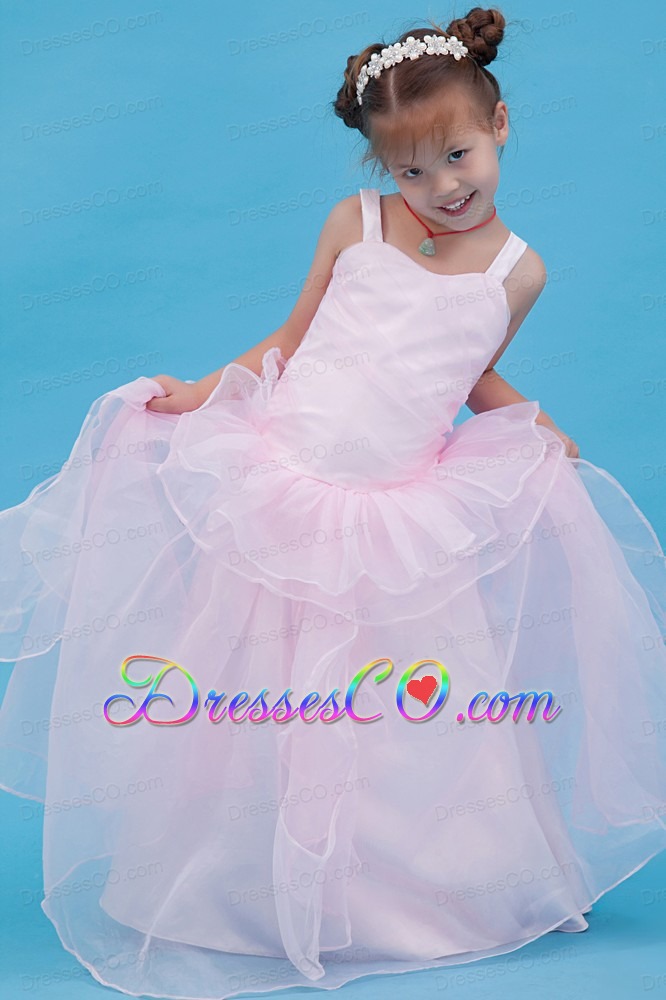 Baby Pink A-line Straps Long Organza Flower Girl Dress