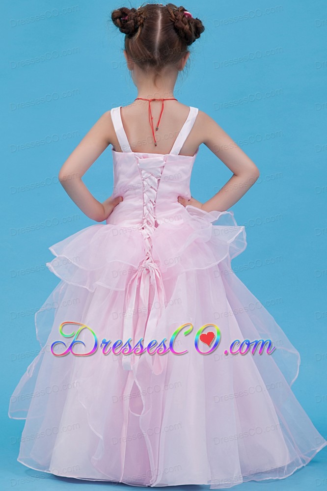 Baby Pink A-line Straps Long Organza Flower Girl Dress