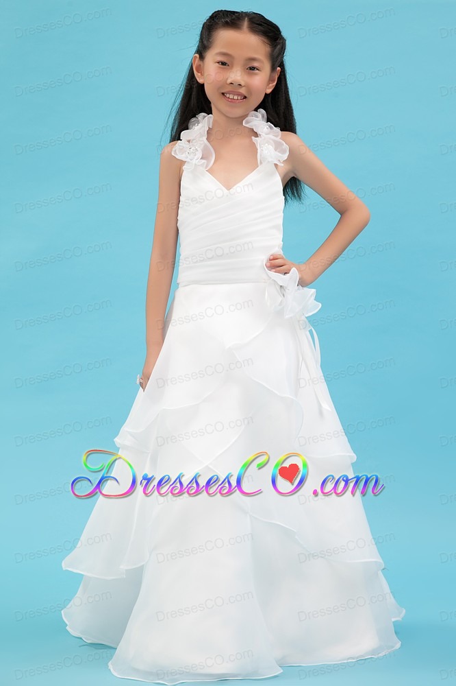 White A-line Halter Long Organza Ruching And Hand Made Flowers Flower Girl Dress