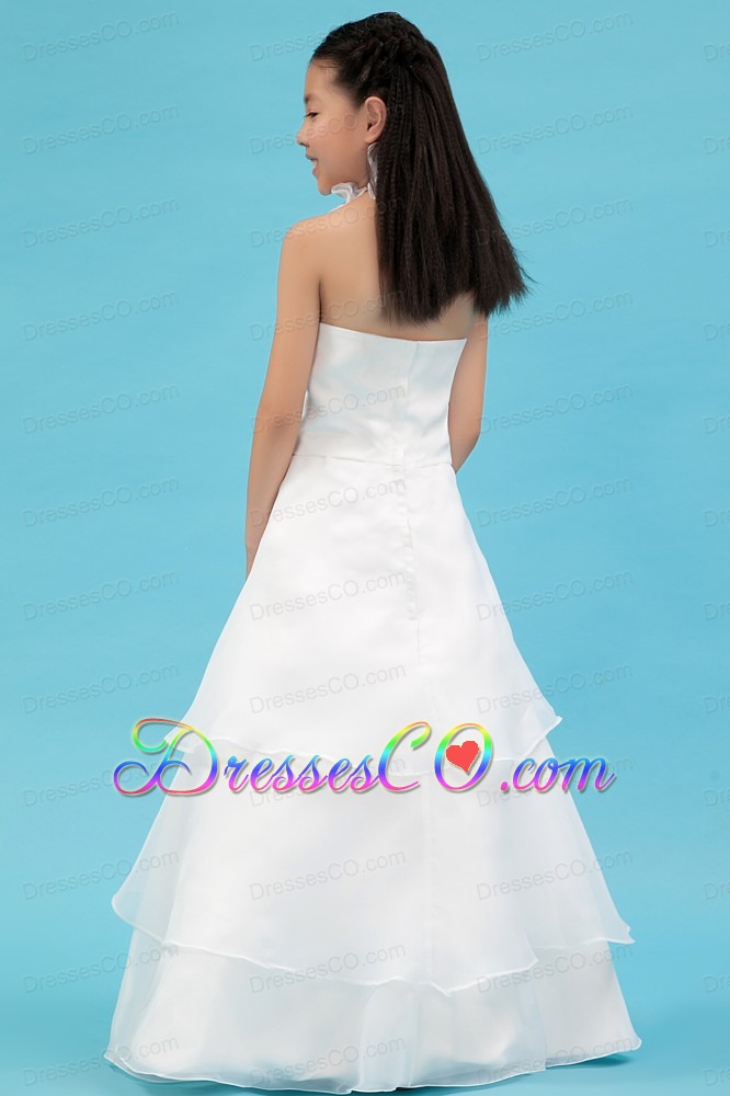 White A-line Halter Long Organza Ruching And Hand Made Flowers Flower Girl Dress