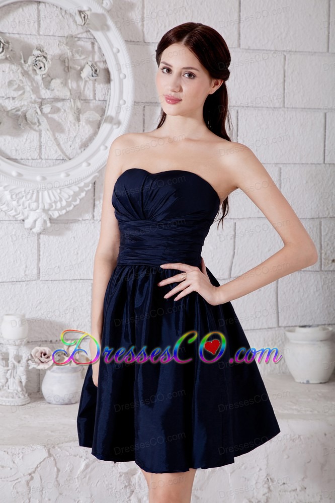 Navy Blue Junior Prom / Homecoming Dress Ruching Princess Strapless Mini-length Taffeta