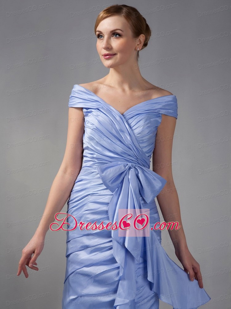 Lilac Column Off The Shoulder Mini-length Chiffon Ruching Mother Of The Bride Dress