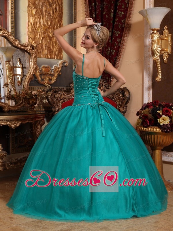Teal Ball Gown Spaghetti Straps Long Tulle Beading Quinceanera Dress