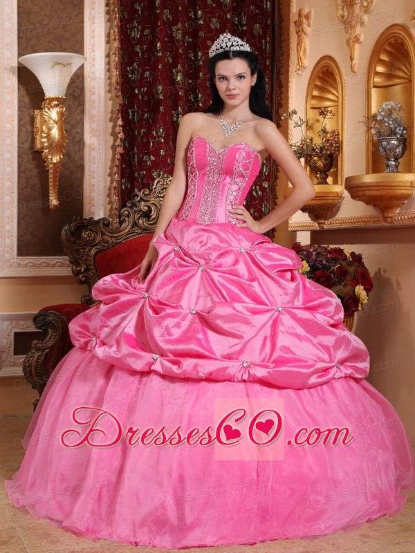 Rose Pink Ball Gown Long Taffeta Beading Quinceanera Dress