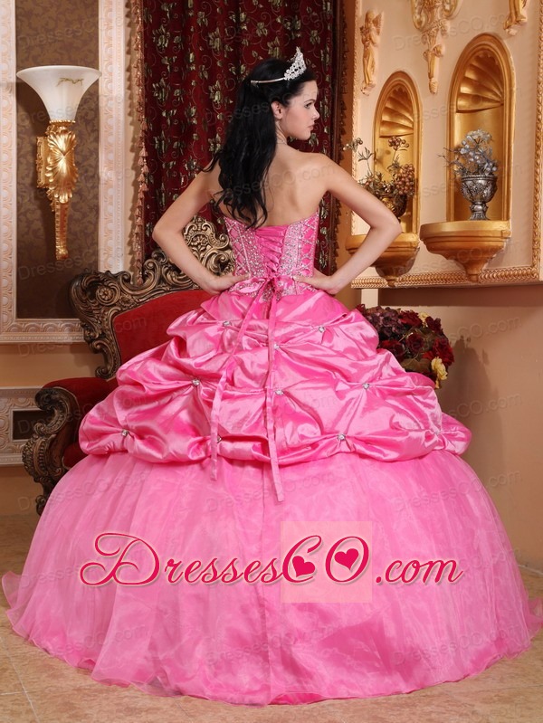 Rose Pink Ball Gown Long Taffeta Beading Quinceanera Dress