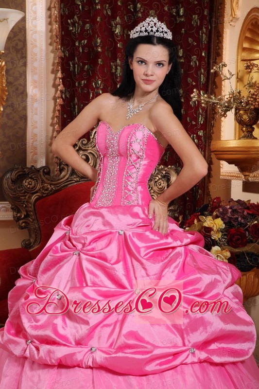 Rose Pink Ball Gown Long Taffeta Beading Quinceanera Dress