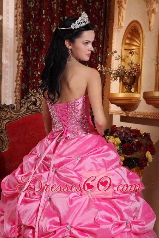 Rose Pink Ball Gown Long Taffeta Beading Quinceanera Dress