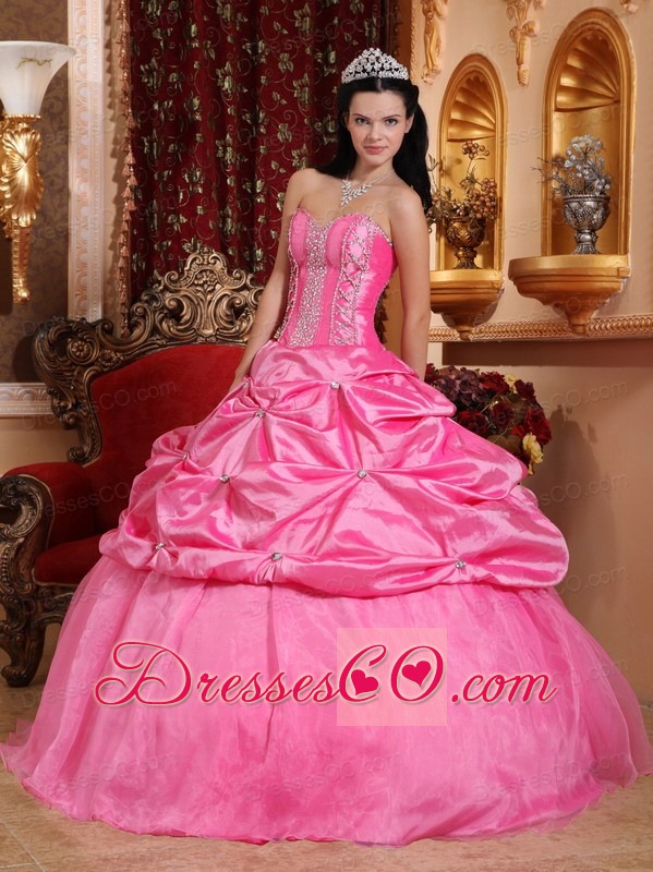 Rose Pink Ball Gown Long Taffeta Beading Quinceanera Dress